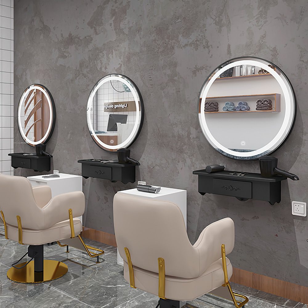 Modern Bathroom with Round LED Mirror & Gold Frame Elegance