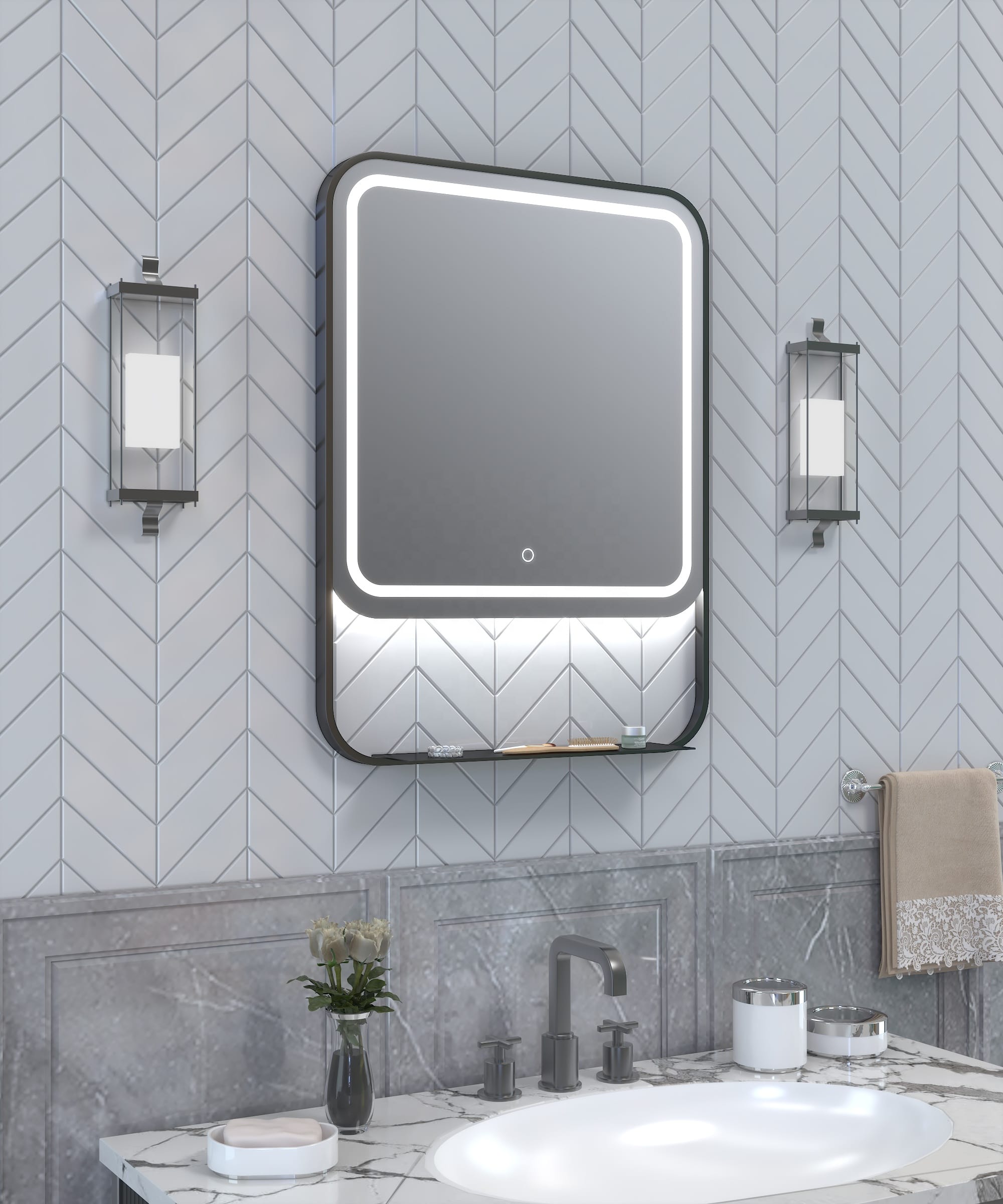 Rectangular LED Bathroom Mirror with Shelf – Dark Grey