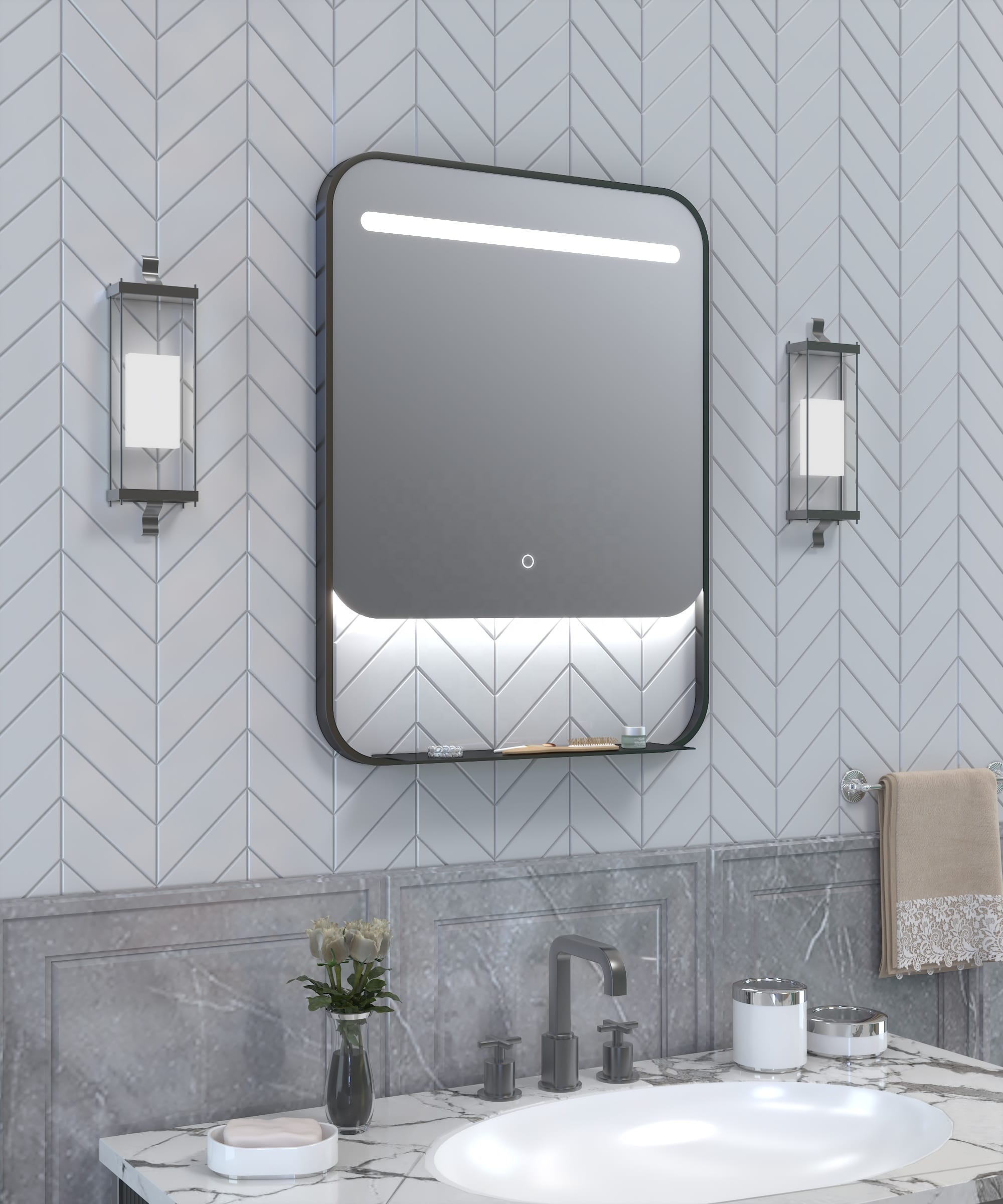 Rectangular LED Bathroom Mirror with Shelf – Dark Grey
