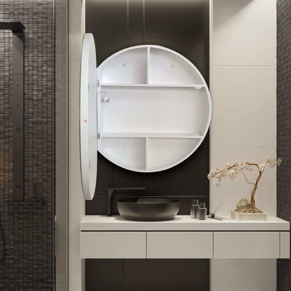 Round LED Mirror Cabinet – Grey Steel Storage