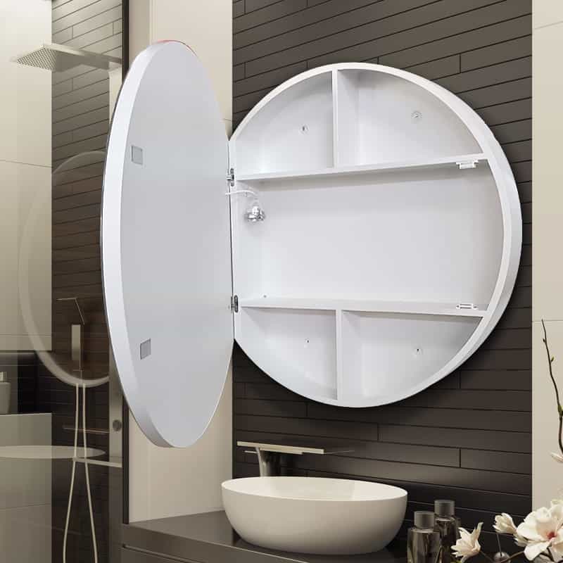 Round LED Mirror Cabinet – Grey Steel Storage