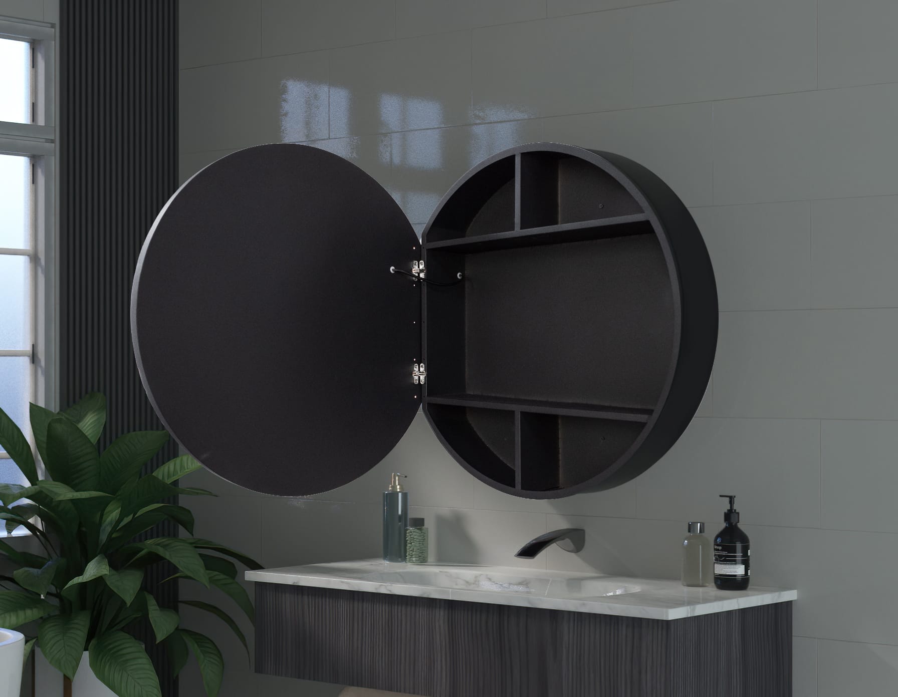 Round LED Mirror Cabinet – Grey Steel Storage