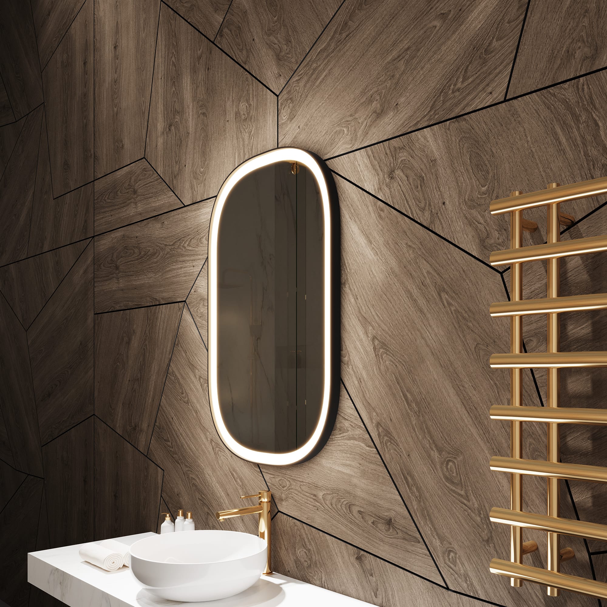 Luxury Marble Bathroom with Oval LED Mirror & Gold Accents