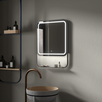 Rectangular LED Bathroom Mirror with Shelf – Dark Grey