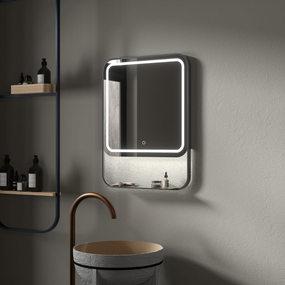 Rectangular LED Bathroom Mirror with Shelf – Dark Grey