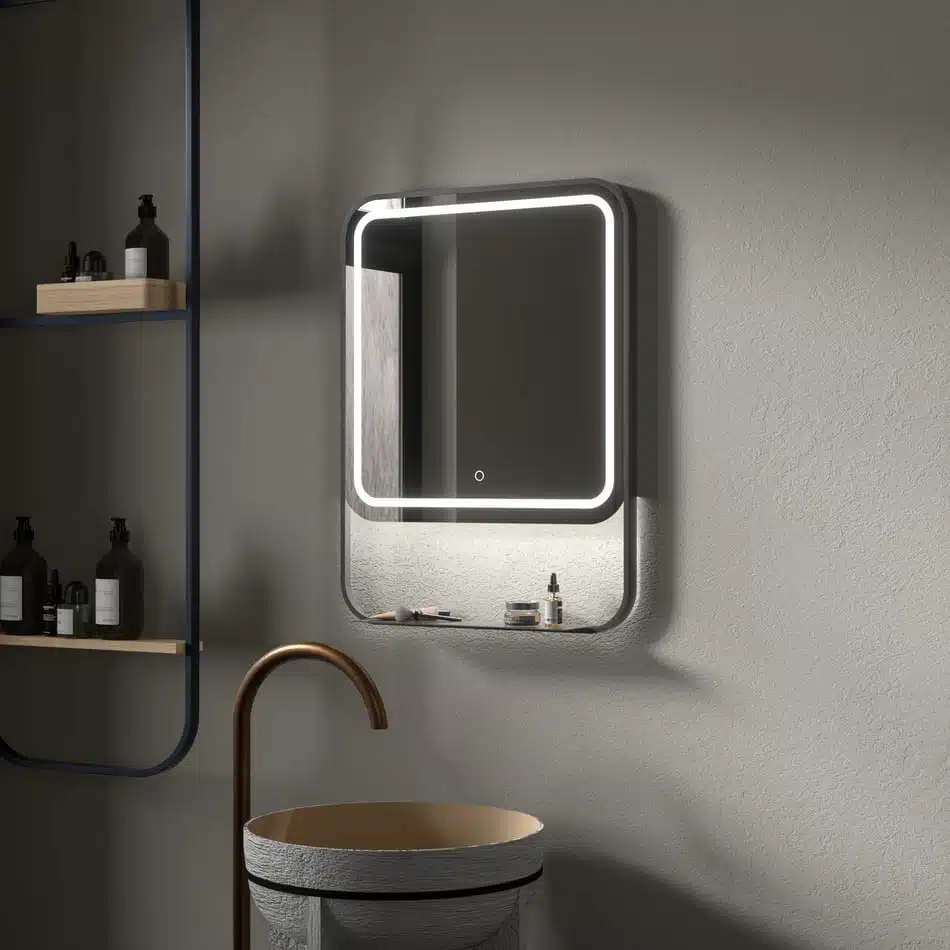 Rectangular LED Bathroom Mirror with Shelf – Dark Grey