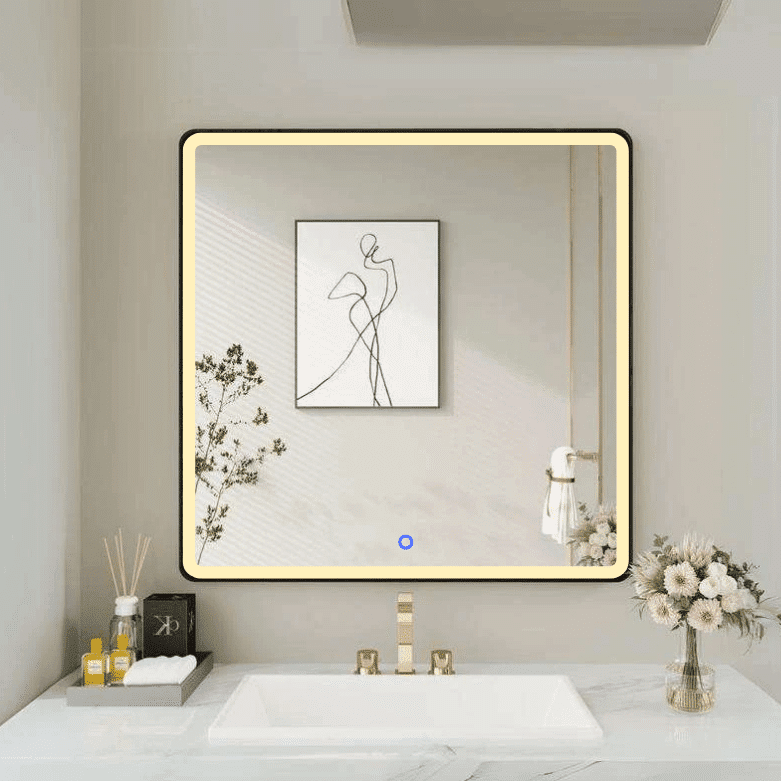 Modern Square Wall LED Mirror with Anodized Aluminum Frame – Gold, Rose Gold, Matte Black, Brushed Silver
