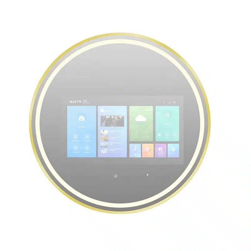 Round Smart Android TV LED Mirror with Touch & Remote – Luxury Bathroom Tech with Frame