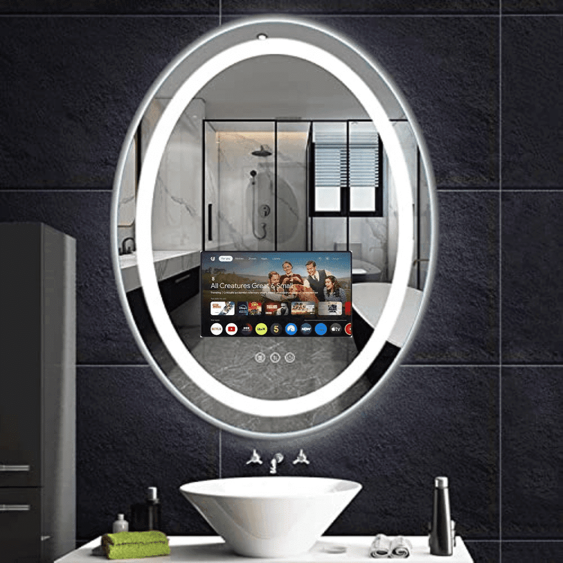 Elegant Oval Smart Mirror with Android TV – Waterproof & Energy-Efficient Design