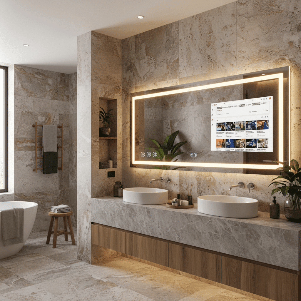 High-End Bathroom Mirror with Built-in Entertainment System