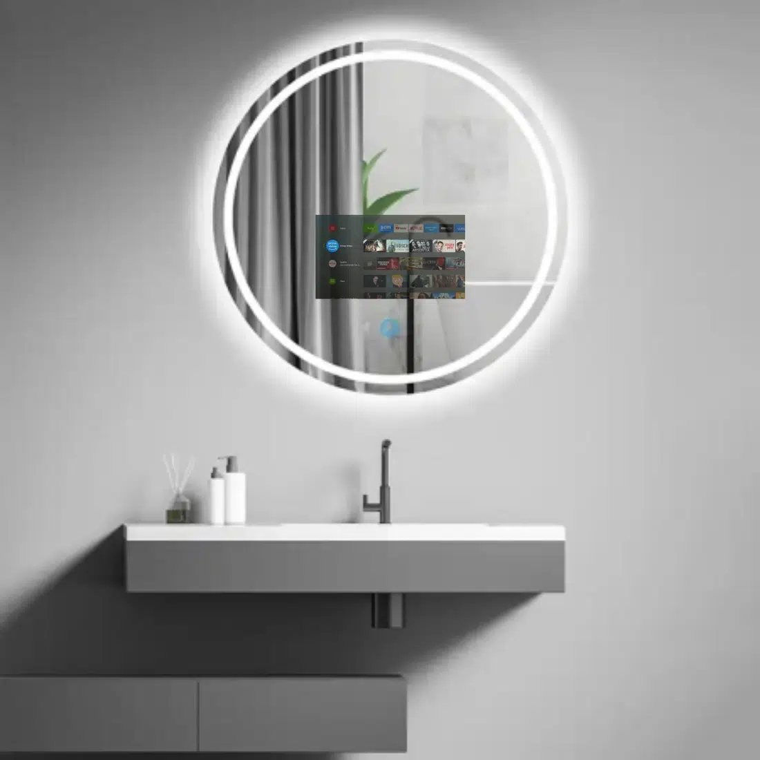 Round Smart Android TV LED Mirror with Touch & Remote – Luxury Bathroom Tech with Frame