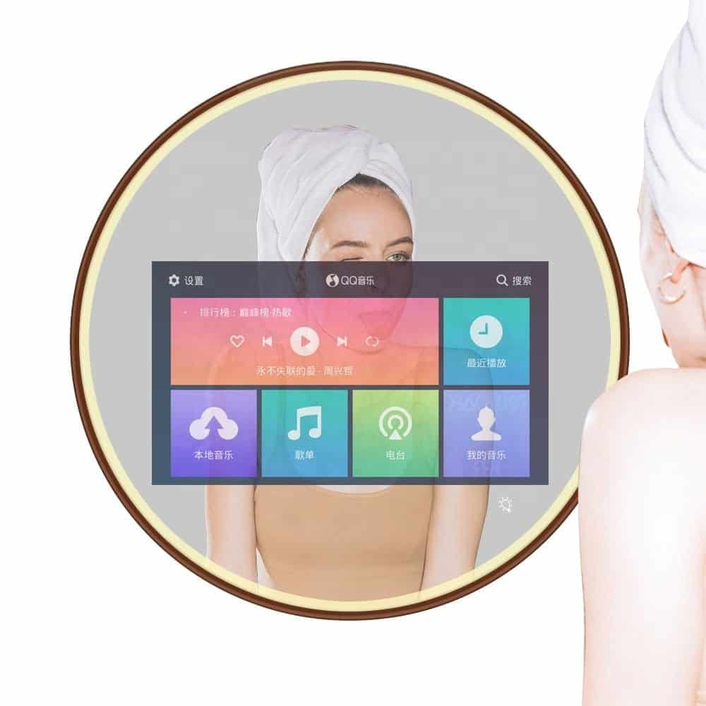 Round Smart Android TV LED Mirror with Touch & Remote – Luxury Bathroom Tech with Frame
