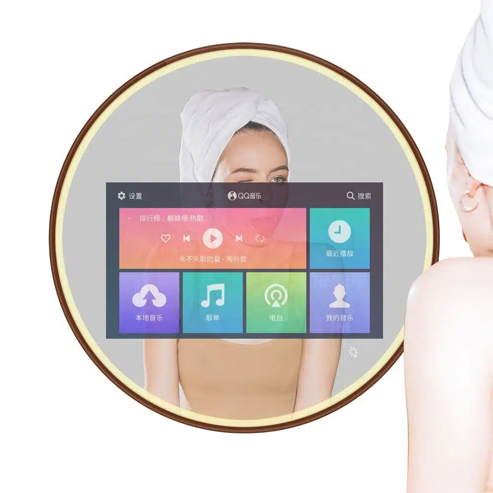 Round Smart Android TV LED Mirror with Touch & Remote – Luxury Bathroom Tech with Frame