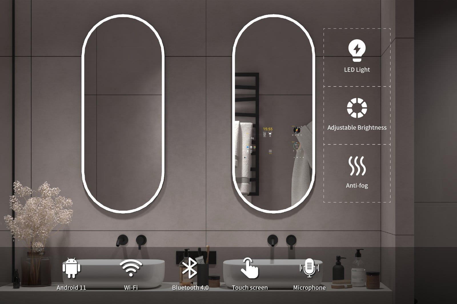 Industrial-Style Oblong Android Mirror – Smart Home Sync & App Control