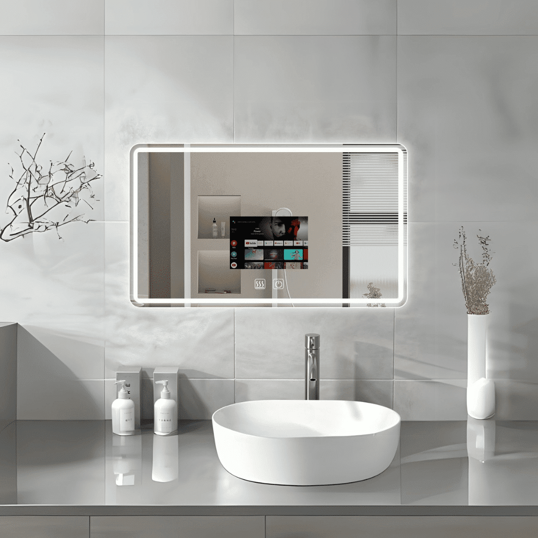 Luxury Hexagon Android LED Mirror – Integrated TV & Adjustable Brightness Luxury Hexagon Android LED Mirror – Integrated TV & Adjustable Brightness