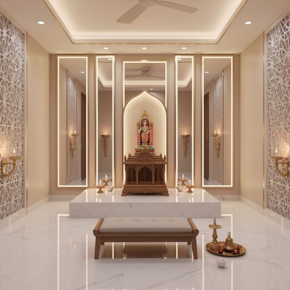Elegant Pooja Room Design with LED Mirrors: A Modern Spiritual Space