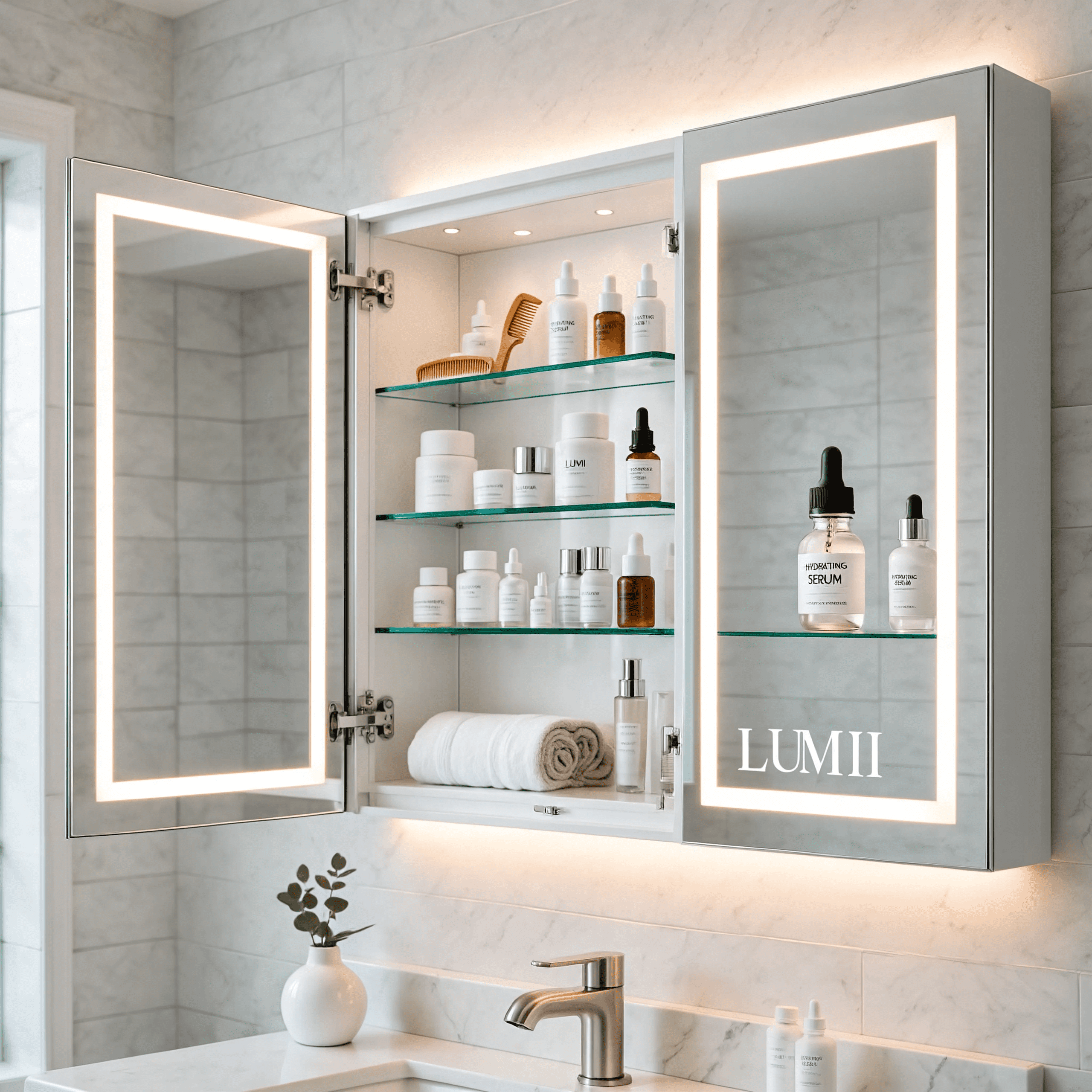 Luxury Bathroom LED Mirror Cabinet with Illuminated Doors